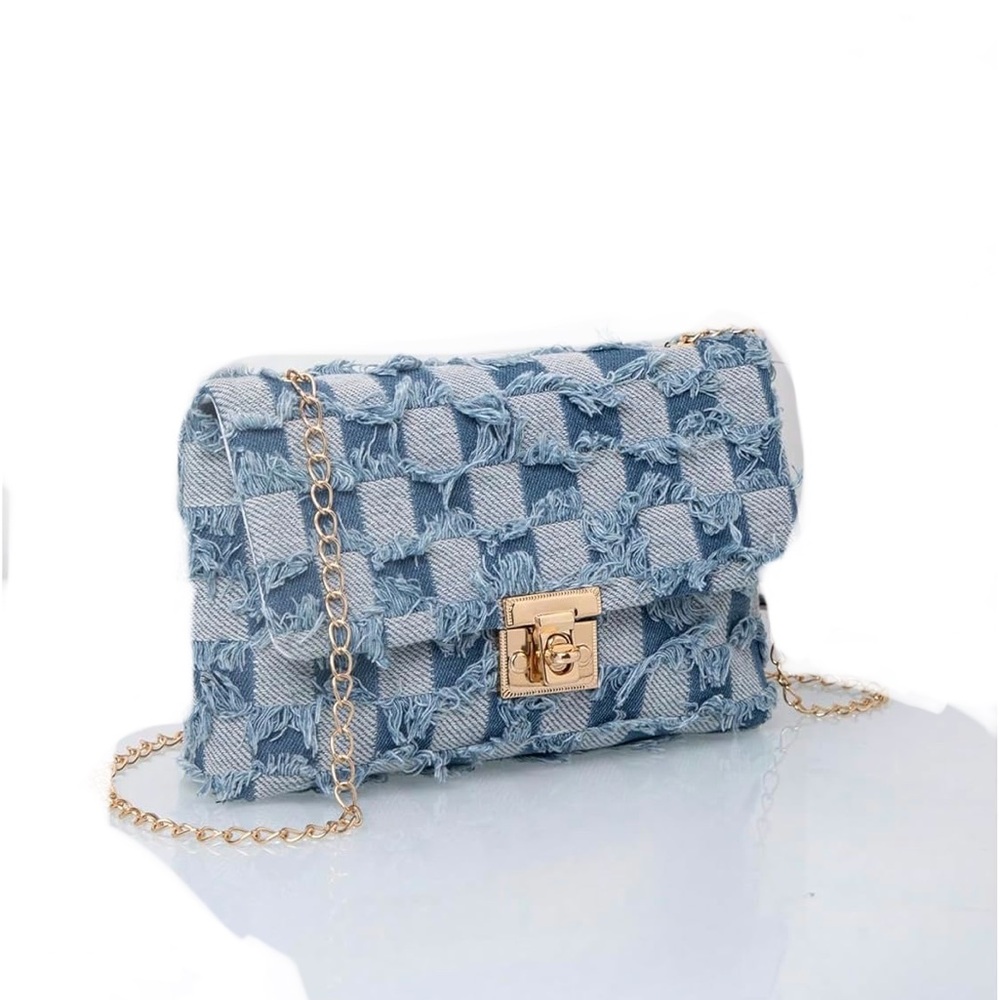Viral Blue Denim Checkerboard Flap Bag gold push lock & gold chain nwot